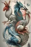Placeholder: dragon, rooster and rabbit as separate animals interacting in the art of form a tattoo