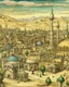 Placeholder: A tan town made out of stones designed in cave paintings , a mosque with minarets in the middle painted by Van Gogh