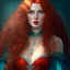 Placeholder: Dress, long ginger hair, Noble, Pale skin, Fantasy, Woman, large chest, turqouise eyes, frizzy, large hair, Blood red details, Curvy body