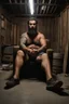 Placeholder: full figure shot photography of a 33-year-old turkish heavyset tattoo very hairy sweaty worker sitting spread-legged in an old armchair inside a construction site shed, dressed in shorts, shirtless, stubble, big manly legs, serious eyes, midnight, dim neon lights illuminating and shine on the beards of sweat that fill his large chest, photorealistic , ambient occlusion