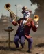 Placeholder: mechanoid old friendly fat clown with trimmed beard playing jazz with a steampunk theme, trumpet, realistic