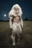 Placeholder: an extremely muscular, extremely hairy, long-haired albino werewolf, in a field, Botany, Starry, Moon lit, Retro Pop, Dark Fantasy, Horror, Festive, Realistic - 32k, UHD, professional quality, 8 x 10 digital photograph