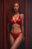 Placeholder: full color - 3D full body Portrait, smiling Melvina Gibson, red, perfect face, perfect copper eyes, dark hair, glamorous, gorgeous, delicate, romantic, red two-piece bathing suit, realistic, romanticism, red tones - Pitch black Background - dark, wood panel wall in the background