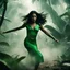 Placeholder: A cinematic medium shot of a jungle girl fighting off aliens. She is wearing a green dress and has long, dark hair. The aliens have large, round eyes and are wearing metallic suits. The background is a dense jungle with tall trees. There is smoke rising from the ground near the aliens. Also JUNGLE GIRL FIGHTS OFF THE ALIENS which was a title I borrowed.