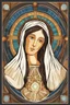 Placeholder: A stylized portrait drawing of colored tiles of Mary the mother of Jesus with long hair, wearing a white veil and surrounded by a geometric halo of rays of light against a dark background