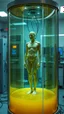 Placeholder: Sleeper in tube cabinet made of glass filled with honey coloured liquid , in a laboratory inside it a human body standing vertically , connected with wires and electrical wires , the human standing in side, a high tech equipment in the background ,4K, cinematic, high resolution