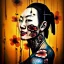 Placeholder: an abstract painting of rusted metal and flowers, beautiful smiling Yakuza Woman portrait, with japanese realistic tattoes, realistic,rust, scaffolding, iron cladding, decay, mixed media, textured, anatomically correct, beautiful perfect face, sharp focus, highly detailed by Johannes Vermeer 8k