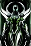 Placeholder: Cyborg symbiote, white color, green color, tendrils, high tech, cyberpunk, biopunk, membrane wings, carbon fiber, cyber tentacles, and the other two.