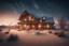 Placeholder: a huge big house made of wood, in the middle of extreme cold desert. The house is comfy, warm, and peacefull. Add firelights, warm lamps, christmass trees, and beautiful night sky, Surreal style, dreamy
