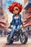 Placeholder: watercolor illustration of the chibi cartoon character, a voluptuous black female in a blue jean outfit with biker boots. Her prominent makeup and hazel eyes, along with her detailed red pixie haircut, are featured in this image, set against the background of a lively bike show.