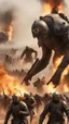 Placeholder: A front view of War of crusaders showing thousands of solders are running away from a distance toward the camera with scary faces and fear from one giant creature behind them, in the background fires and dead’s and big fights on the ground