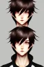 Placeholder: anime boy with short brown hair with split bangs, black outfit, brown eyes