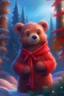 Placeholder: a teddy bear with a highly detailed meticulously detailed and a red winter coat and scarf pine trees in the background, digital painting, artstation, art by Lisa Frank, artgerm, Greg Rutkowski, William-Adolphe Bouguereau, renaissance, Unreal Engine 5