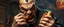 Placeholder: mean looking mafia thug with eating a two hot dogs while fighting on the style of giger
