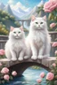 Placeholder: in the center: beautiful chunky fluffy white cats with green eyes sitting on a bridge, under the brigde flows a small blue river; background: landscape with mountains and white clouds, butterflys flying in the sky; first plan: pink roses;