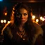 Placeholder: portrait of a beautiful female barbarian, middle aged, long messy brown hair, warm eyes, dressed in a revealing fur armor, standing in a tavern, realistic, dim candle lighting, war paint, wrinkles, sexy, cinematic lighting, highly detailed face, very high resolution