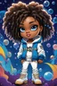 Placeholder: Create an colorful psychedelic comic book illustration of a chibi cartoon black female thick curvy wearing a cut of blue and white hoodie and white jeans and timberland boots. Prominent make up with long lashes and hazel eyes. Highly detailed shiny sister locs. Background of a large bubbles all around her