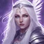 Placeholder: Generate a dungeons and dragons character portrait of a beautiful female paladin aasimar blessed by the goddess Selune. She has long white hair. She has purple eyes. She has some white feathers in the lower part of her long hair. She has a youthful and rounder face. She is in a camp that's lit by moonlight.