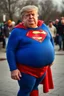 Placeholder: a thoroughly confused, elderly and morbidly obese donald trump standing dressed as superman