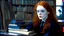 Placeholder: beautiful goth natural redhead with blue eyes, in the 80s high school, studying in the library. Looks like young Ellen Page. Full Body. Skinny hourglass bodyshape. Without bangs. Straight Hair.