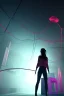 Placeholder: 3d, si-fi hunger , far away a girl in the middle, stand on round platform, connected by wires , vr googles, beautifully color coded, super detailed, moody lighting, volumetric lighting, night time