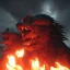 Placeholder: Cerberus, character-design, fire pouring from each mouth, full body, fiery dark skies in the underworld with Hades in the background, 8k, highly detailed, hyperreal, octane render, hdr, dark, sparkling lights, mysterious, surrealism, campbell white, 8K