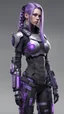 Placeholder: Cyberpunk female with long hair in pigtails with black, grey, white, and purple coloration body armor and clothing in a realistic style full body view