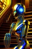 Placeholder: chrome chat robot banking woman smiling online in the style of escher and giger, spray paint, photo realism, trending on art station, 8k, depth of field, down light, light rays, volumetric, reflective spiral staircase, blue, yellow, golden brown and orange