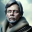 Placeholder: upper body photorealistic jedi mark hamill in Star Wars, sharp blue eyes, photorealistic weathered skin, short hair, dark brown jedi robe, cinematic lighting,