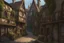 Placeholder: gothic, medieval street in a shanty town, inns, shops, balconies, bridges, arches, cobbled roads, people, in a wood, dense foliage, photo-realistic, Hogwarts, blue sky