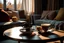 Placeholder: Still life details in home interior of living room. Cup of tea with steam on a serving tray on a coffee table. Breakfast on the couch in the morning sunlight. Cozy autumn or winter concept, 8k , cinematic