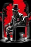 Placeholder: man with hat (wide and flat brim and a flat top) shading face, wearing a gas-mask, standing next to an electric-chair, vignette, black and white graphic novel style with a red outline on black background, gothic horror