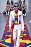 Placeholder: A guy on a fashion runway with moderna clothes inspired by Superman style, embroidery elegante fashion