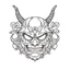 Placeholder: White, minimalis line art , oni mask japanes funny , vector, white background, outline, with images neatly contained within the background, just black and white color, tatto style.