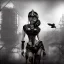 Placeholder: great illustrator, spanish, realistic rendering of a cute girl, beautiful, steampunk syle, black and white. Helmet with tubes. breathing mask. Machinery in the background. robotic bird flying. High details. 4k. unreal engine