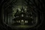 Placeholder: An animated photo where a tall, lighted mansion with a triangular roof is surrounded by tall trees in a dark forest. The viewer of the image is facing the front of the house. Grotesque roots are seen throughout the image. Thorny vines cover the various sights of the house.