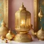 Placeholder: Greeting card, Ramadan, golden decorations, soft colors, Ramadan lantern with Ramadan cannon, a beautiful and deep surreal painting, Rococo 3D that highlights its exceptional quality, 8K shot, an ultra-realistic digital painting, a beautiful portrait, a very beautiful portrait, an ultra-realistic digital art captured with a Hasselblad medium format camera with a 100 mm lens. An unmistakable cinematic image, daylight