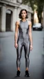 Placeholder: photography of a beautiful anorexic woman, grey satin triathlon top, brunette wavy bob haircut, pronounced sternum, flat chest, grey satin cycling leggins