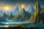 Placeholder: Clouds, mountains, lagoon, science fiction landscape