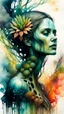 Placeholder: Zdzislaw Beksinski, and Peter Gric style ink wash and watercolours , full body illustration of a beautiful young girl , highly detailed facial features, mixed to anatomical portrait view, visible plant like skeletal structure, wildly flowing splash colours , 8k octane, all in focus, clean , no grain, ethereal, otherworldly concept art in vibrant natural colors , do not include her face , it should be clean , make the neck shorter and remove the paint on her face