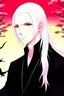 Placeholder: He is tall, red-eyed, white-skinned, white-cheeked, white-eared, white-haired, long-haired, white-noseed, Japanese, wearing a black shirt.