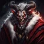 Placeholder: A dark fantasy illustration of Krampus, the legendary horned Christmas demon, staring intensely at the viewer with piercing amber eyes and a wicked, toothy grin. His muscular form is draped in a tattered crimson coat with grimy white fur trim and a flowing black cloak that billows dramatically behind him, while his gnarled, claw-tipped hands hold open an ominous black Santa sack as if beckoning the viewer inside. Curved ram-like horns spiral upward from his head, adorned with small brass bells t