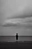 Placeholder: young boy looking out to sea with another man laying down behind him, dark storm clouds overhead, lightning, shopping trolley on side, dusk. the road cormac mccarthy