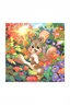 Placeholder: The friendly squirrel holds a blueberry excitingly in the air, the sunlight shining on the blueberry, colorful garden background , child book illustration style, faces must be the same as reference image