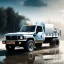 Placeholder: photorealistic shot, military truck, monotone color palette, sharp focus, puddle reflection, tire water splash, refraction, mist on the horizon, shadowcast, detailed and intricate, cinematic composition