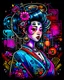 Placeholder: Illustration of Colorful intricate cyberpunk beautiful geisha, dark background