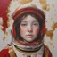 Placeholder: Tableau rouge, peinture au couteau, feuilles d'or, visage de petitefille, astronaute