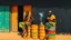 Placeholder: minimalist acrylic impasto painting of two skinny tall young black Somali neighbors sitting on rusty oil barrels drinking steaming coffee, wide angle, dynamic crude brush strokes, dusty yellow heat mood, peaceful vibe, tribal vibe, amazing reflections, amazing verticals, great parallels, warm shades of yellow, orange, green and black with sparse deep red leaks, afrofuturism, vibrant nighthawk people on a black wall, rusty village decay, arafed doors