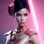 Placeholder: pilar rubio, Cyborg anime samurai, cyberpunk, white skin, light black hair, geisha hairstyle, cobalt eyes, blood in face, waist up portrait, 8k resolution, retroanime, intricate details, neon details, soft lighting, vibrant colors, masterpiece, intricate eyeliner, dark eyeshadow, eyes, intricate tattoos, gradient background