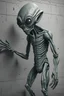 Placeholder: a gray alien standing by a wall pissing back view he turned face write scared